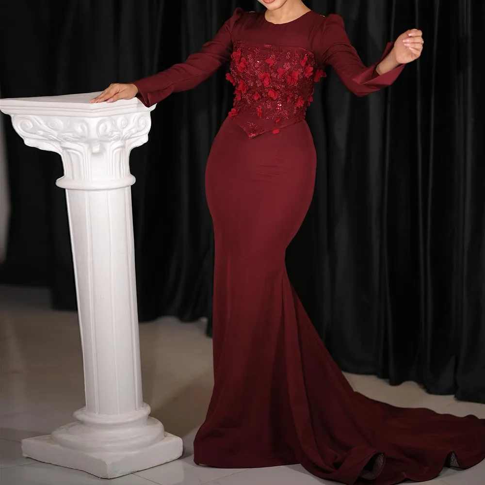 

Customized Mermaid Prom Dresses Floor-Length O-Neck Full Sleeve Evening Gown Fashion Flowers Bow Lace-Up Draped Party Gown