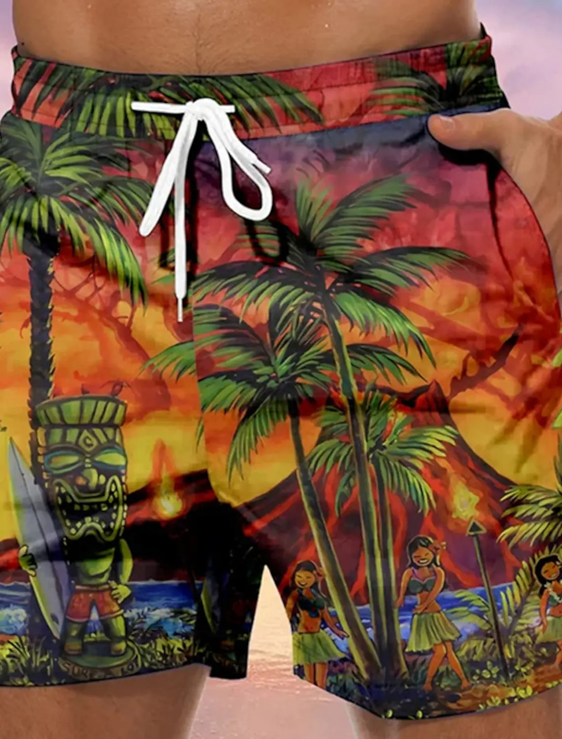 Men's Board Shorts Beach Shorts Drawstring Tiki Graphic Coconut Tree Quick Dry Short Casual Holiday Hawaiian 4 Micro-elastic