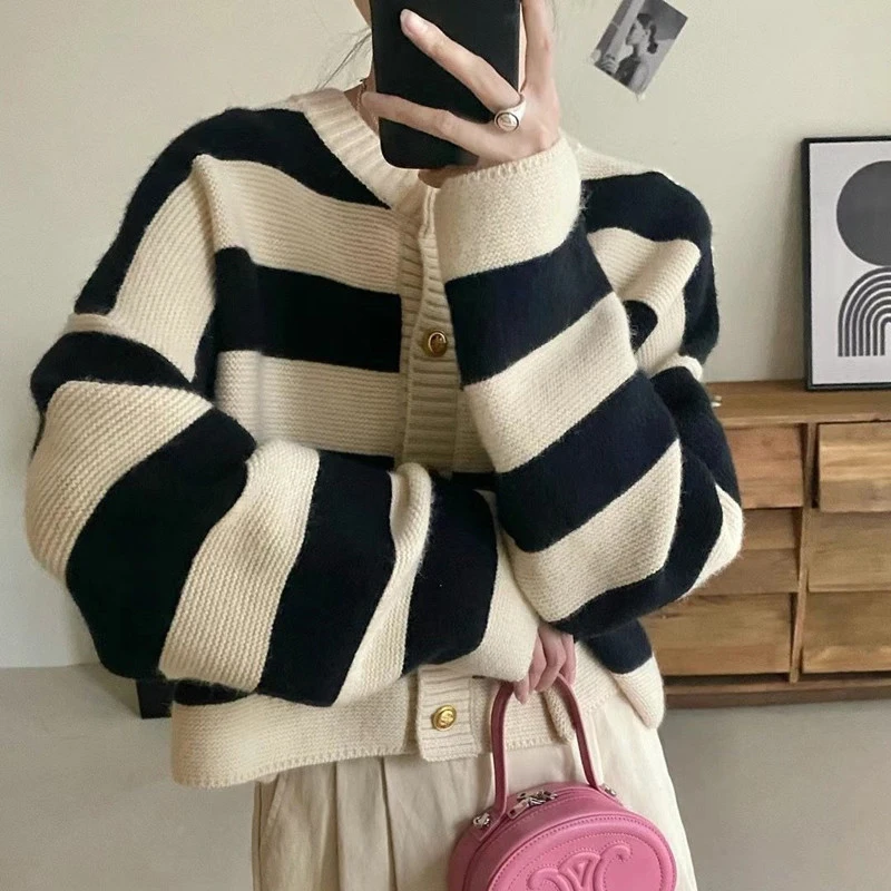 O-neck Stripe Stitching Cardigan Women Korean Fashion Loose Long Sleeve Single-breasted Knitted Sweater Simple Coats Casual Tops