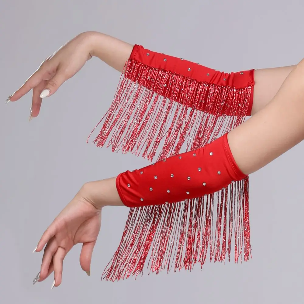 Performance Stage Latin Dance Fringed Sleeves Drilling Rhinestone Flash Women's Arm Sleeves Solid Color Latin Dance Costumes