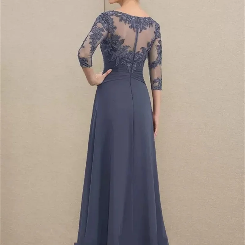 Elegant crew-neck A-line Evening gown Chiffon lace Mother of the Bride gown Layered ruffled gown