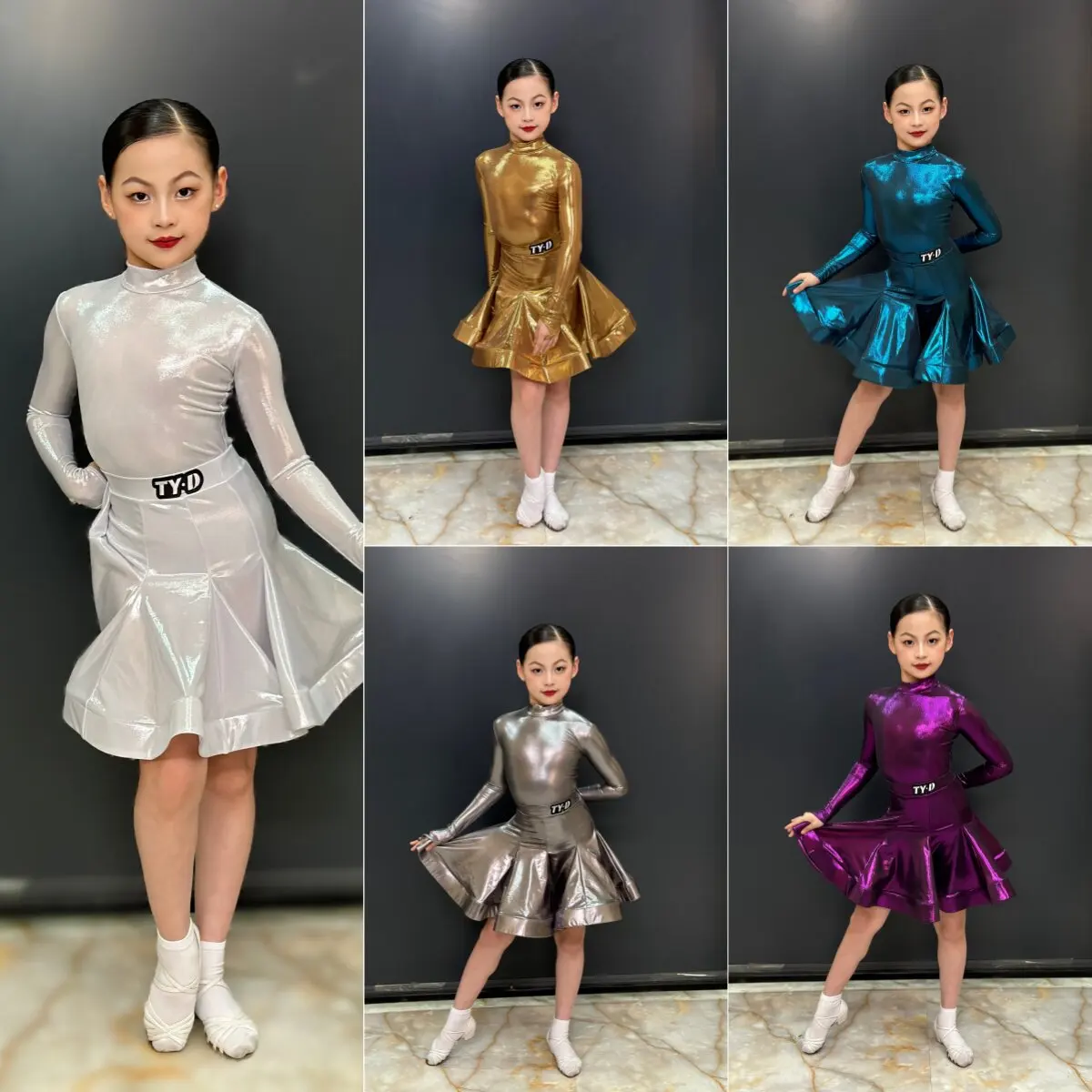 

Костюм для соревнований по латинским танцам, 5 цветов, глянцевые платья для выступлений в бальных танцах с длинными рукавами для девочек, детская одежда для танцев DW11374