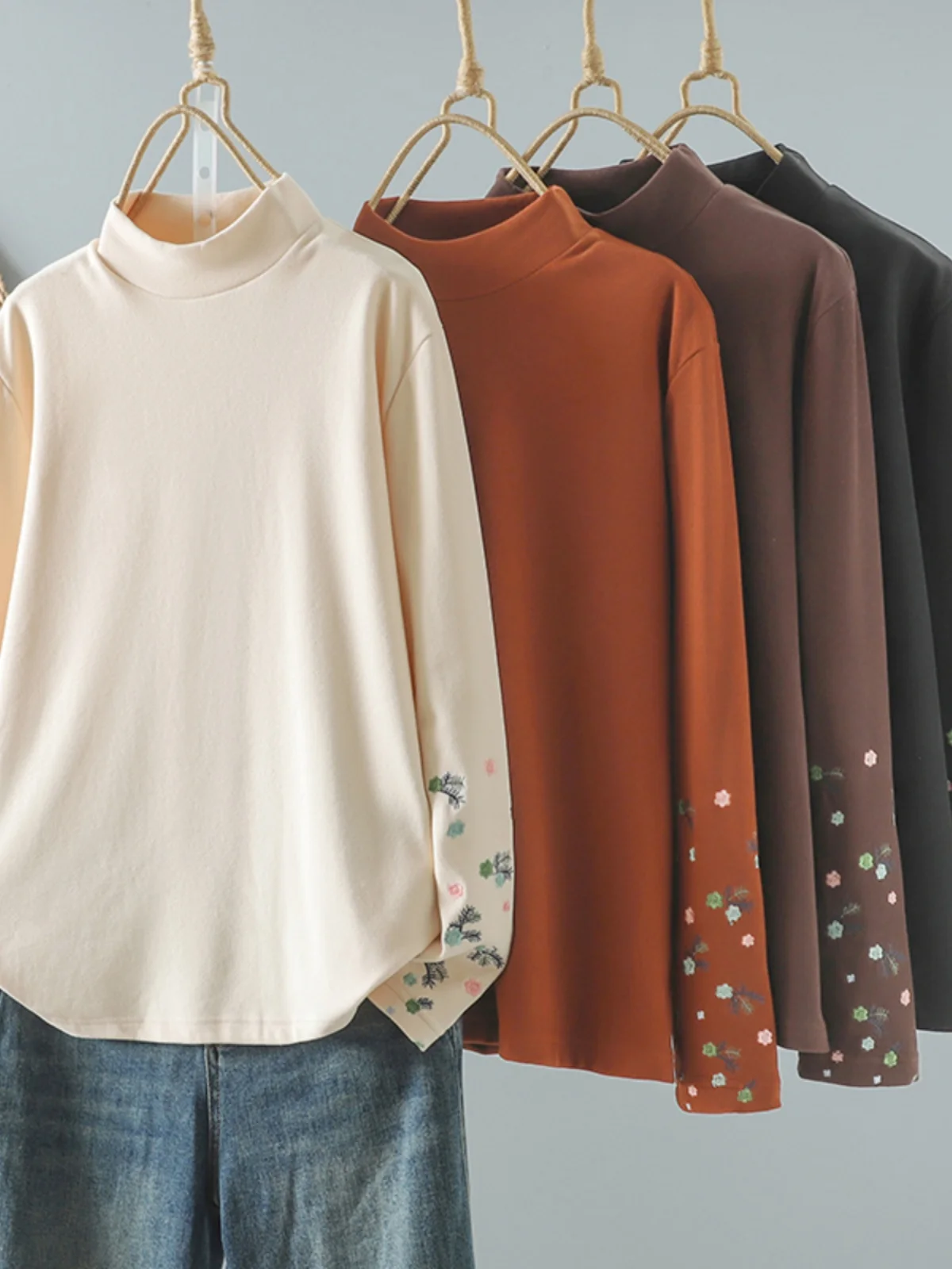 

Double-Sided Camere Base irt Embroidered f-High Collar Versatile Warm Inner Wear T-irt for Busin Commute Winter S...