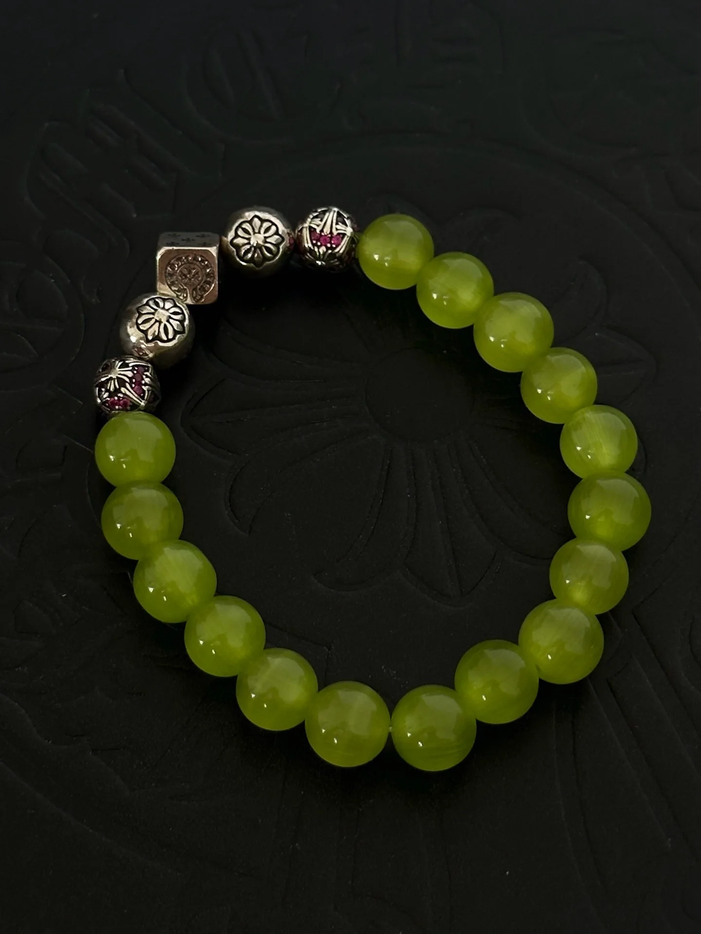 S925 sterling silver charm retro old dice small fresh green round bead couple CH bracelet.
