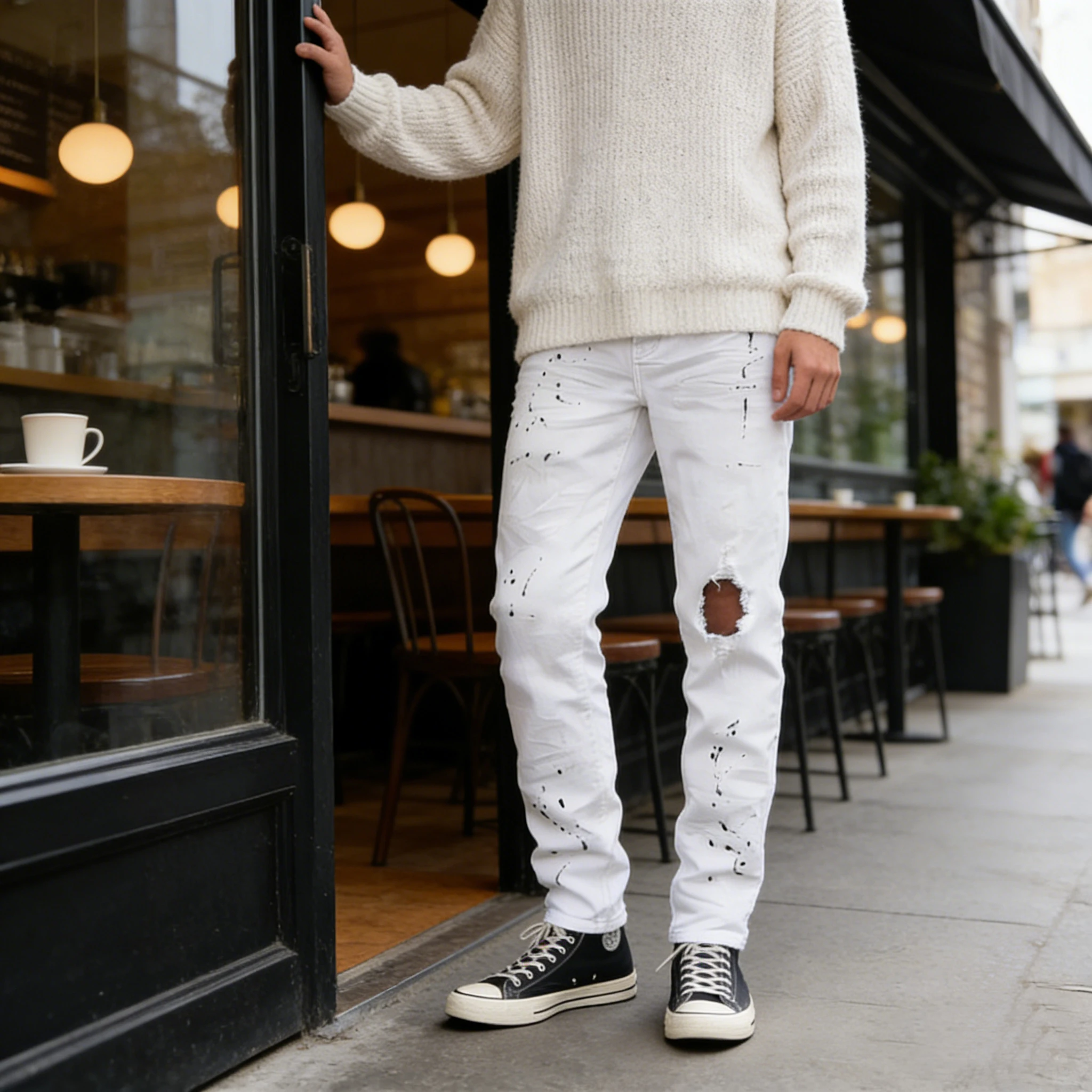 Fashionable men's perforated white jeans, retro high street style, casual, elastic, comfortable straight leg pants for men