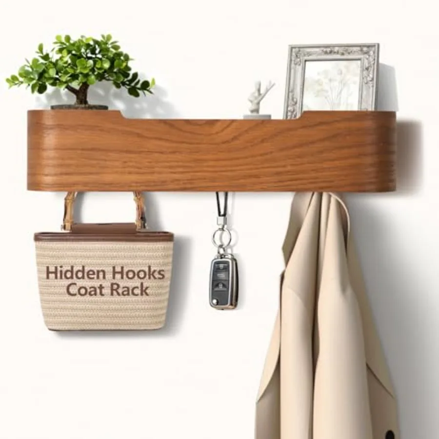 

Coat Rack Wall Mount with Hidden Modern Key Holder Wood Entryway Hook with Shelf for Bedroom Kitchen Hallway Bathroom Designed