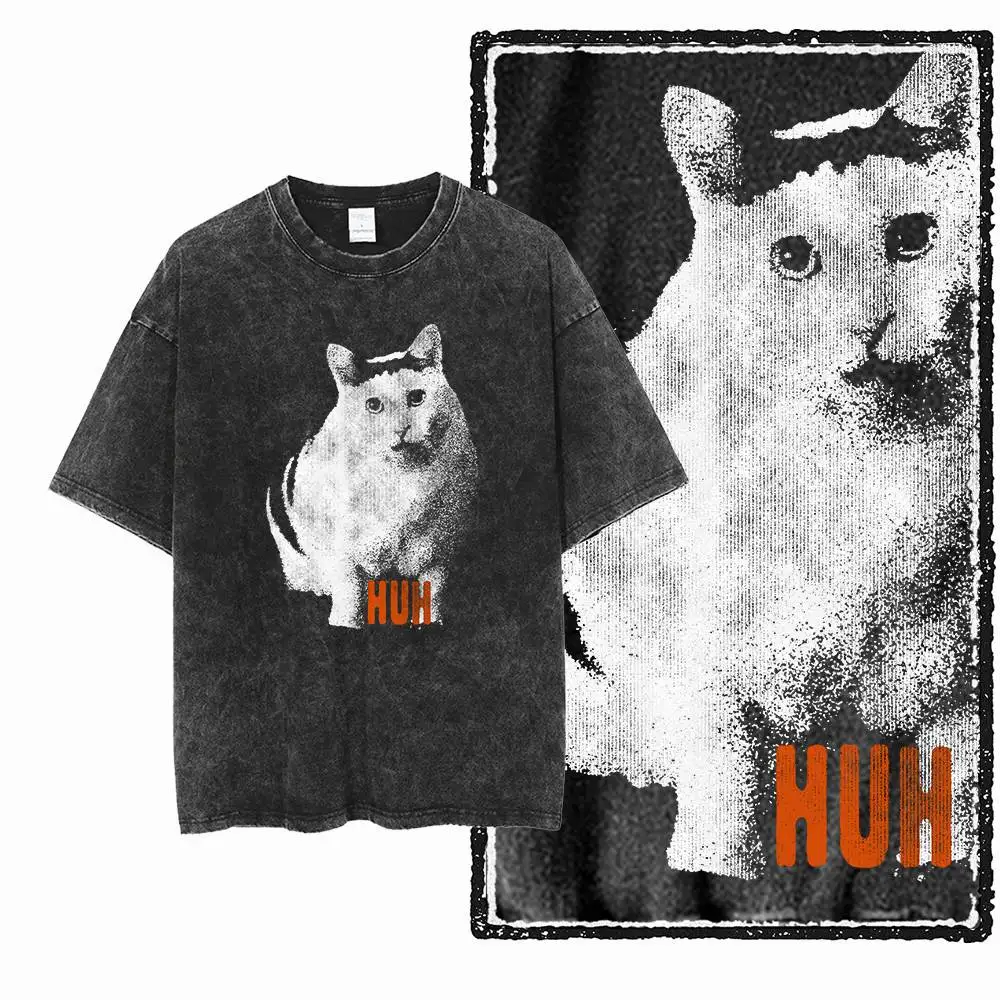 Washed Distressed Cotton Men Huh Cat Print T-Shirt Big Size Unique Men 