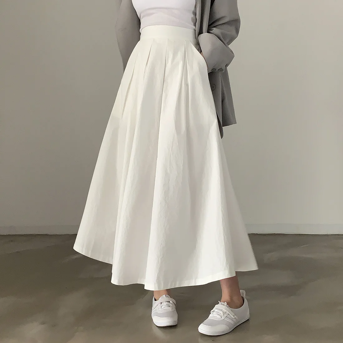 2024 Women Elegant White Long Skirts High Waist A-Line Cotton Maxi Skirts Women Casual Skirts Jupe Femme Saias Mujer