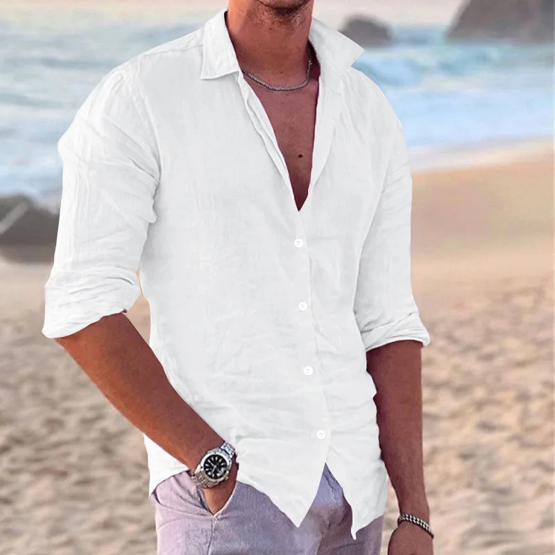 Cross-border explosive men\'s solid color shirt Fashion trend beach casual cotton linen slim-fit shirt