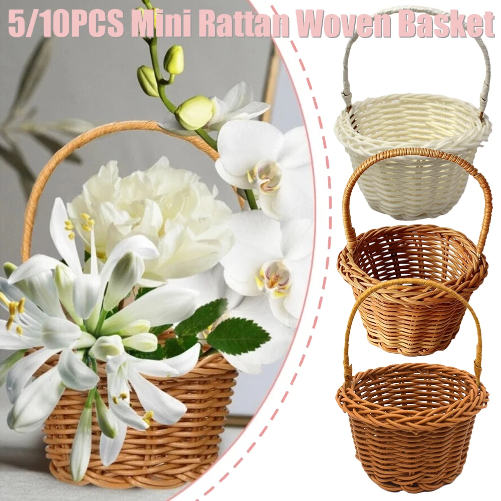 

5/10 шт., плетеная мини-ручная корзина из ротанга, маленькие цветочные корзины, ручные тканые корзины, домашний офисный декор, корзина для украшения, реквизит