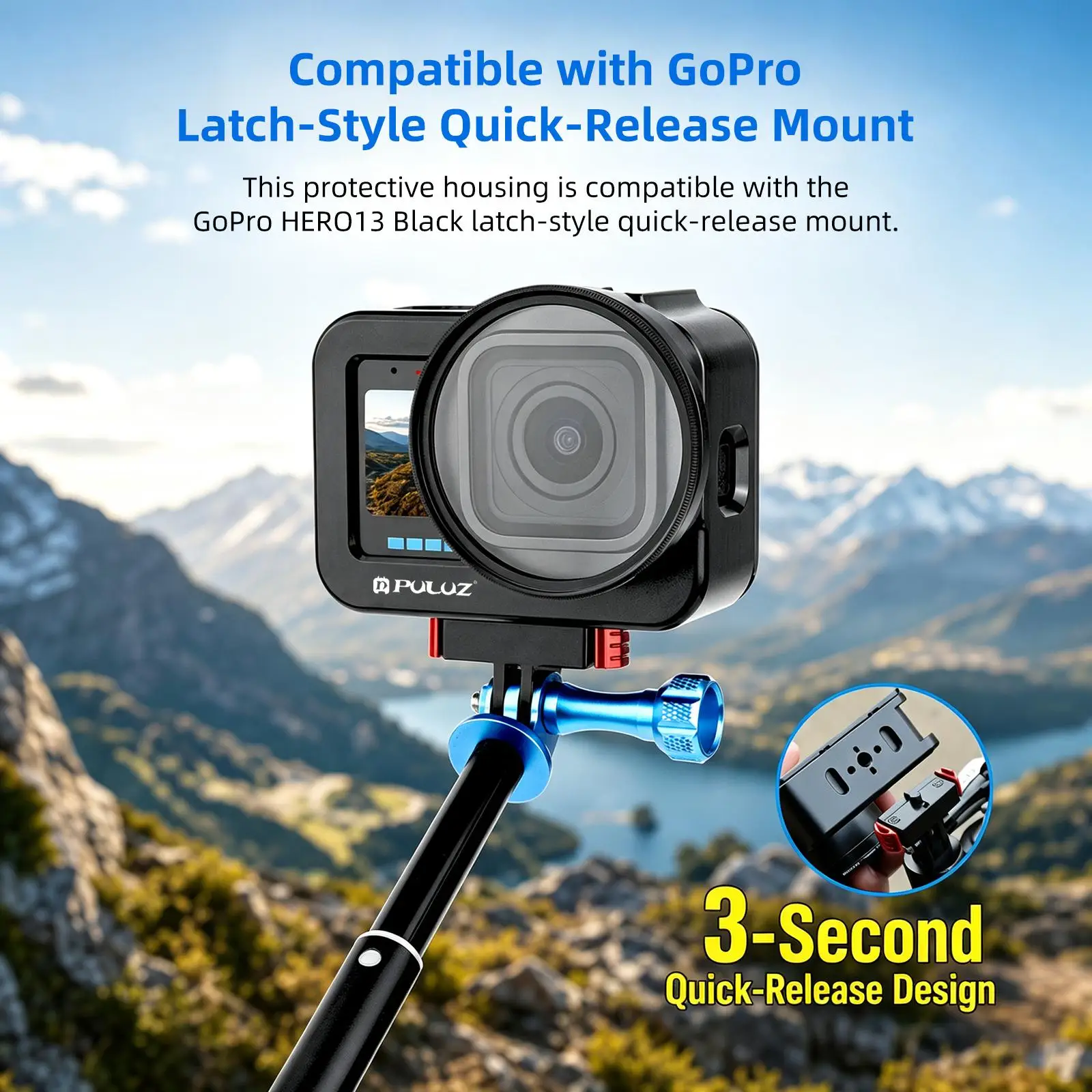PULUZ Aluminiumlegierungs-Gehäuseschale, Schutzkäfig mit 58-mm-UV-Objektiv und Objektivabdeckung für GoPro MISSION 1 /1 PRO Extreme Sports Cage – Detail 8