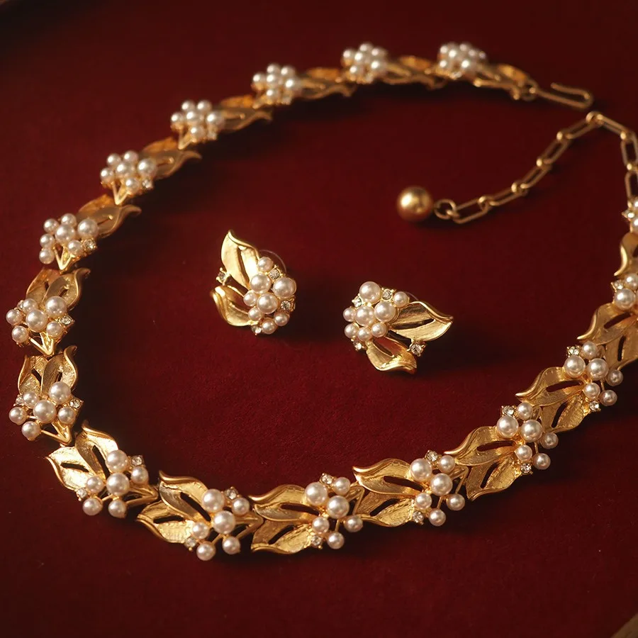 

Luxury French Chic 18K Gold Filled Mini Pearl Ribbon Choker/Earring Vintage Jelly Belly Jewelry Set Non-fading Leave Necklaces