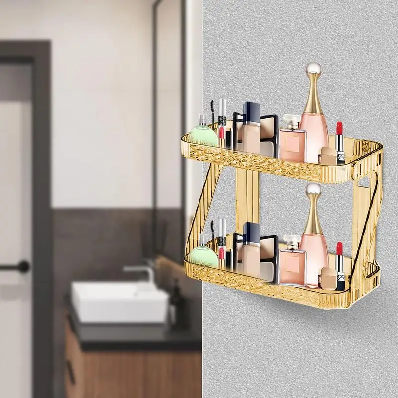 

2 Tier Bathroom Organizer Wall Mounted Makeup Shelf Clear Counter Tray Drill Free for Cosmetics Toiletries Condiment Bottles