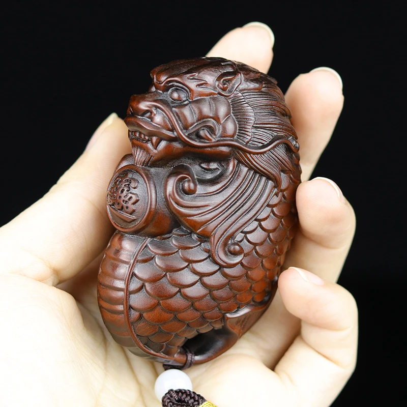 XS729- 7 Dragon Fish Figurine Boxwood Sculpture Zodiac Animal Netsuke Decoration Craft Gift Miniatur Ornaments