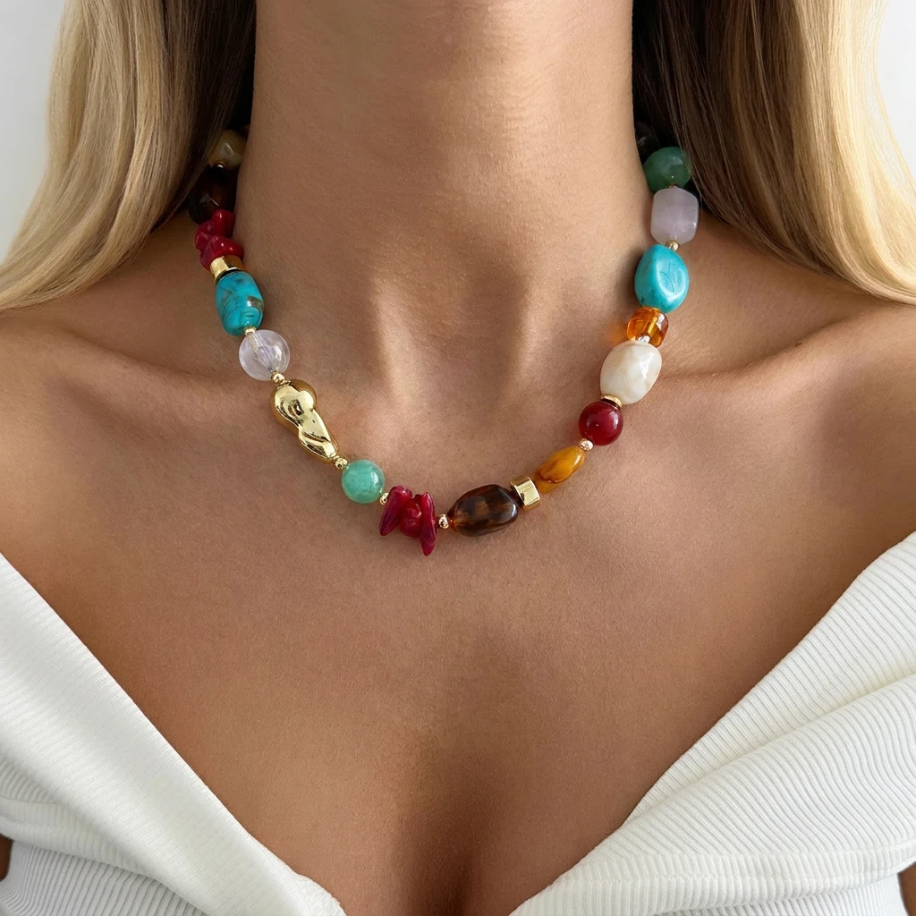 Bohemian Color Gradient Acrylic Beaded Necklace for Women Sweet Irregular Geometric Clavicle Chain Party Jewelry Gift