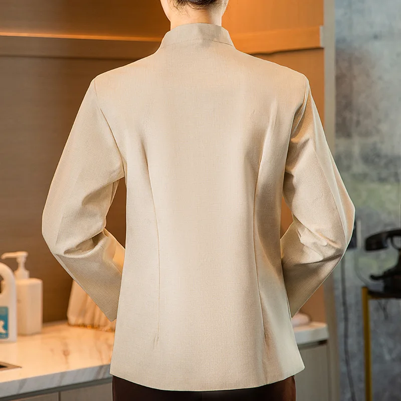 زي عمل للتنظيف بياقة واقفة للنساء، أكمام طويلة، الخريف والشتاء، طاقم تنظيف غرفة الفندق، عمة التدبير المنزلي، الدعامة