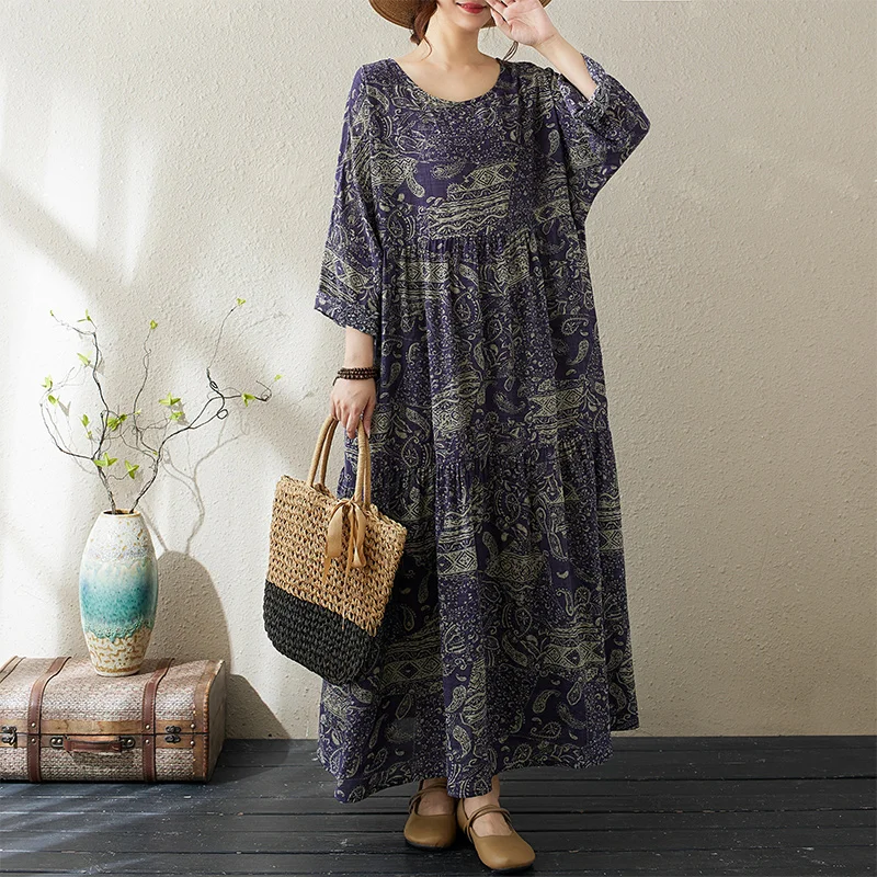 

Платье женское в стиле ретро, свободного кроя, с длинным рукавом, круглым вырезом, А-силуэта, из тонкого хлопка и льна, с многоярусным подолом, больших размеров