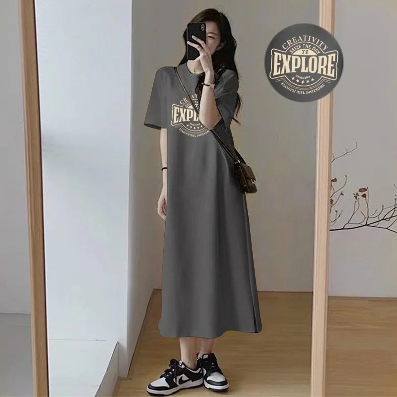 Summer Women Letter Graphic Print Maxi Tshirt Dress Short Sleeve Loose Fit Casual Long Dress Daily Wear
