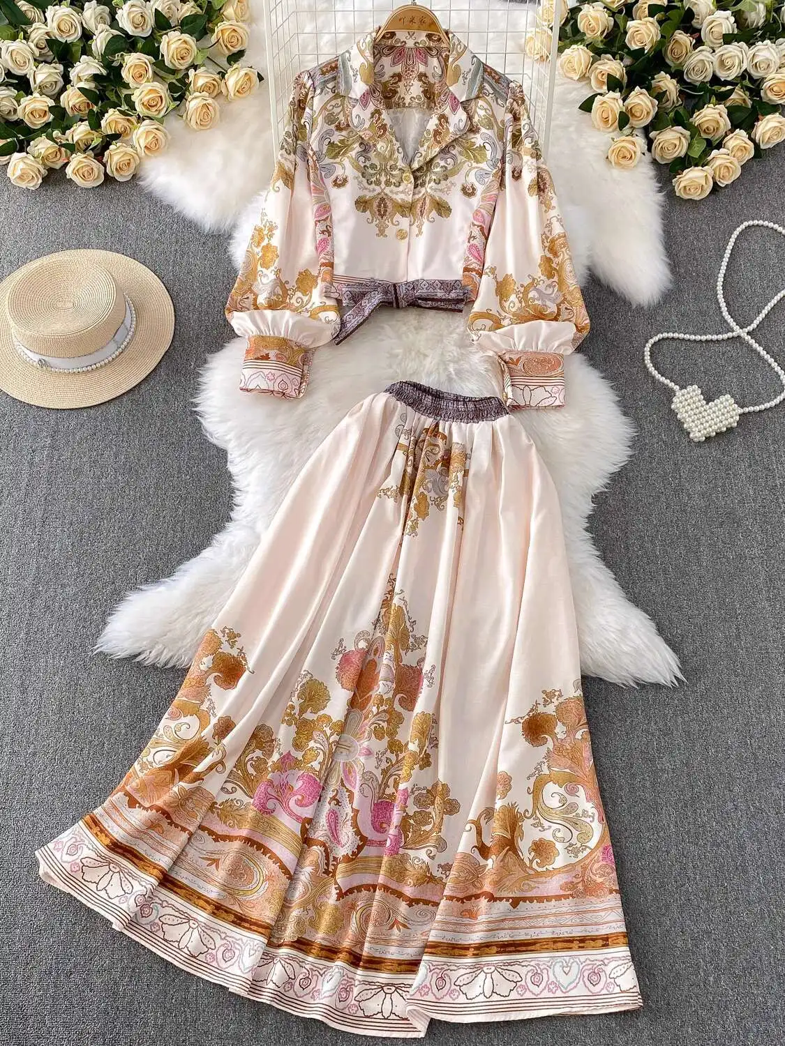 

Элегантные макси-платья с цветочным принтом, комплект из 2 предметов, женский летний укороченный топ с длинными рукавами, рубашка с принтом, эластичные юбки миди, костюм из 2 предметов, наряд для дворца