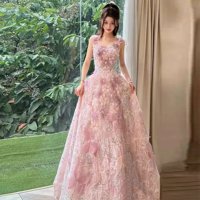 YOSIMI Summer Pink Sequin 3D Floral Embroidery Full Length Sleeveless Princess Mesh Dress Women Evening Party Long Wedding Dress