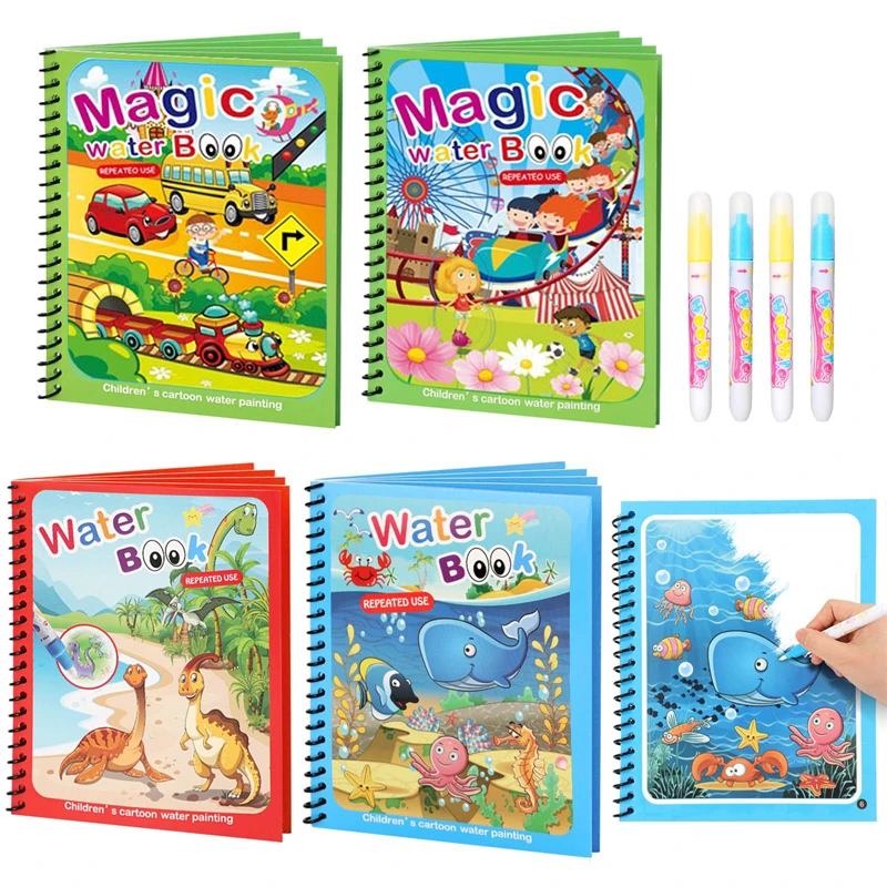Magic Water Painting Book with Pen for Kids, Brinquedo de desenho do bebê, Crianças Reutilizáveis Coloring Book, Criança Montessori Brinquedos Educativos