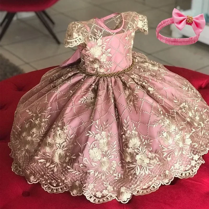 2024 Newborn Baby Girls Dress Flower Lace Vintage Girl Dresses Banquet Birthday Party Tutu Gown Infant Snow White Princess Dress