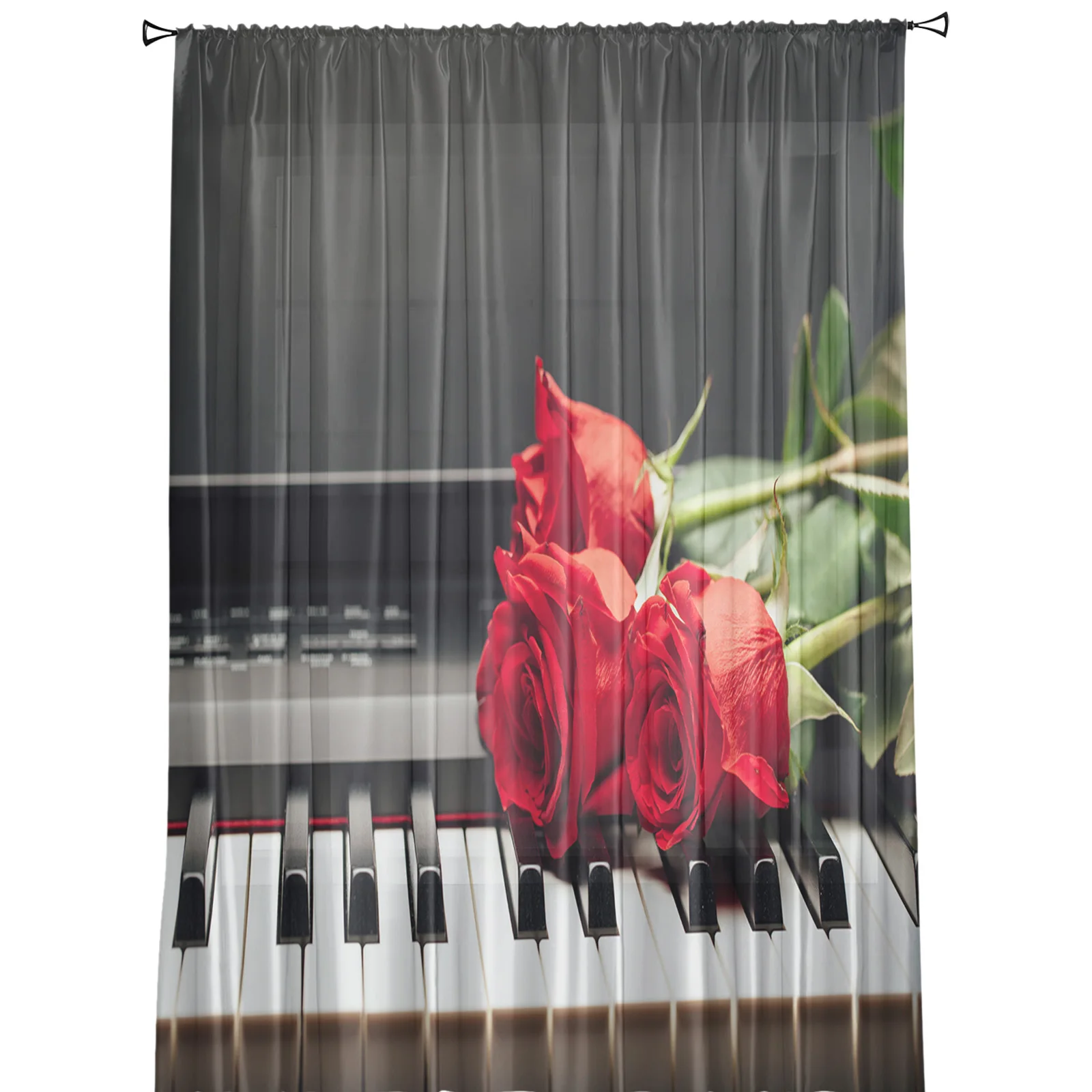 Piano Music Red Rose Flower Sheer Curtains for Living Room Decoration Window Curtains for Kitchen Tulle Voile Organza Curtains