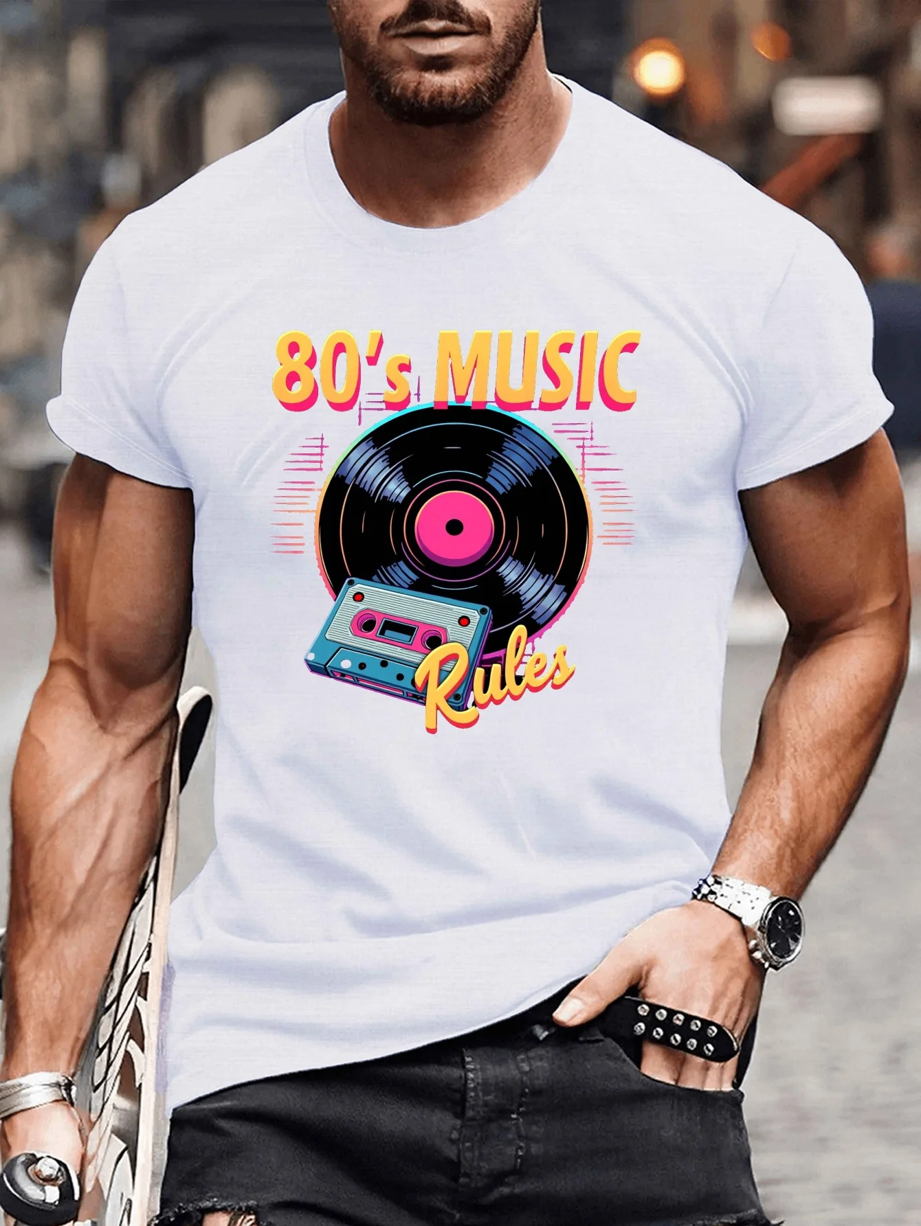 80 S Music Rule Printed T-Shirt, Men's Short-Sleeved T-Shirt, Summer Casual Short-Sleeved T-Shirt