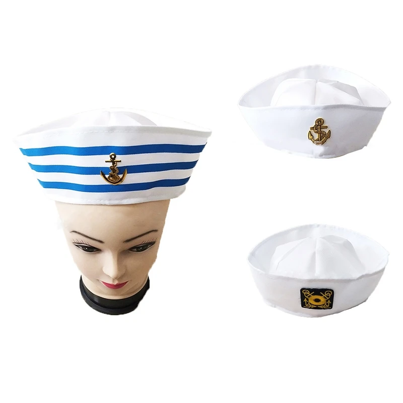 652F Delicate Stage Military Hat White Captain Sailor Hat Navy Marine Cap Children Adult Cosplay Hat for Birthday Gatherings