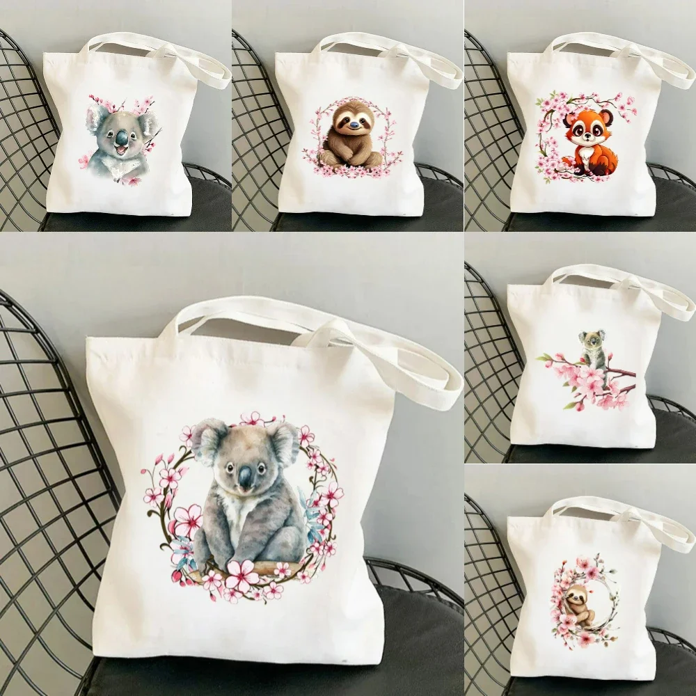 1pc Koala Cherry Blossom Print Canvas Tote Bag Eco Friendly Reusable Spacious Bag for School Travel Yoga Tote Bag Daily Use
