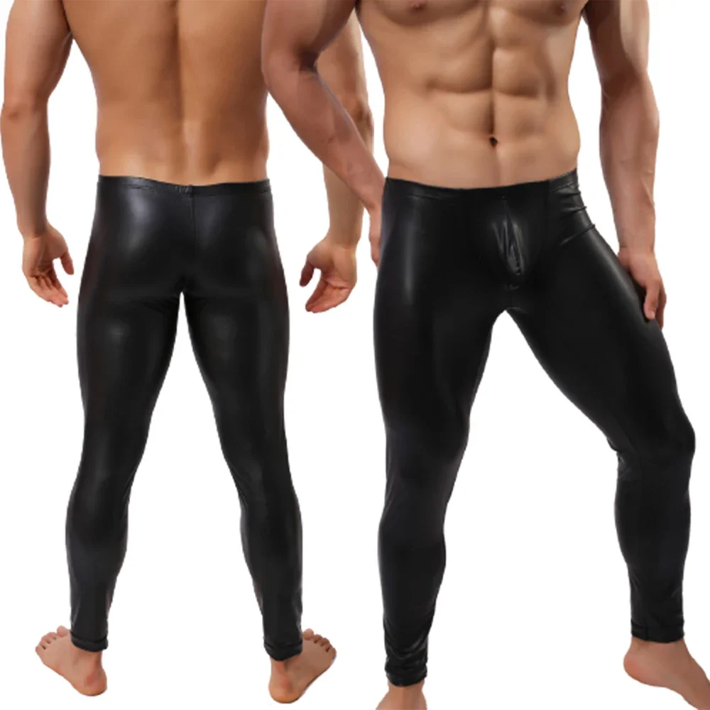 

Sexy Men's Low-rise U Bulge Pouch Leather Leggings Night Club Stage Performance Skinny Pants Bodywear Male Faux Leather Leggings