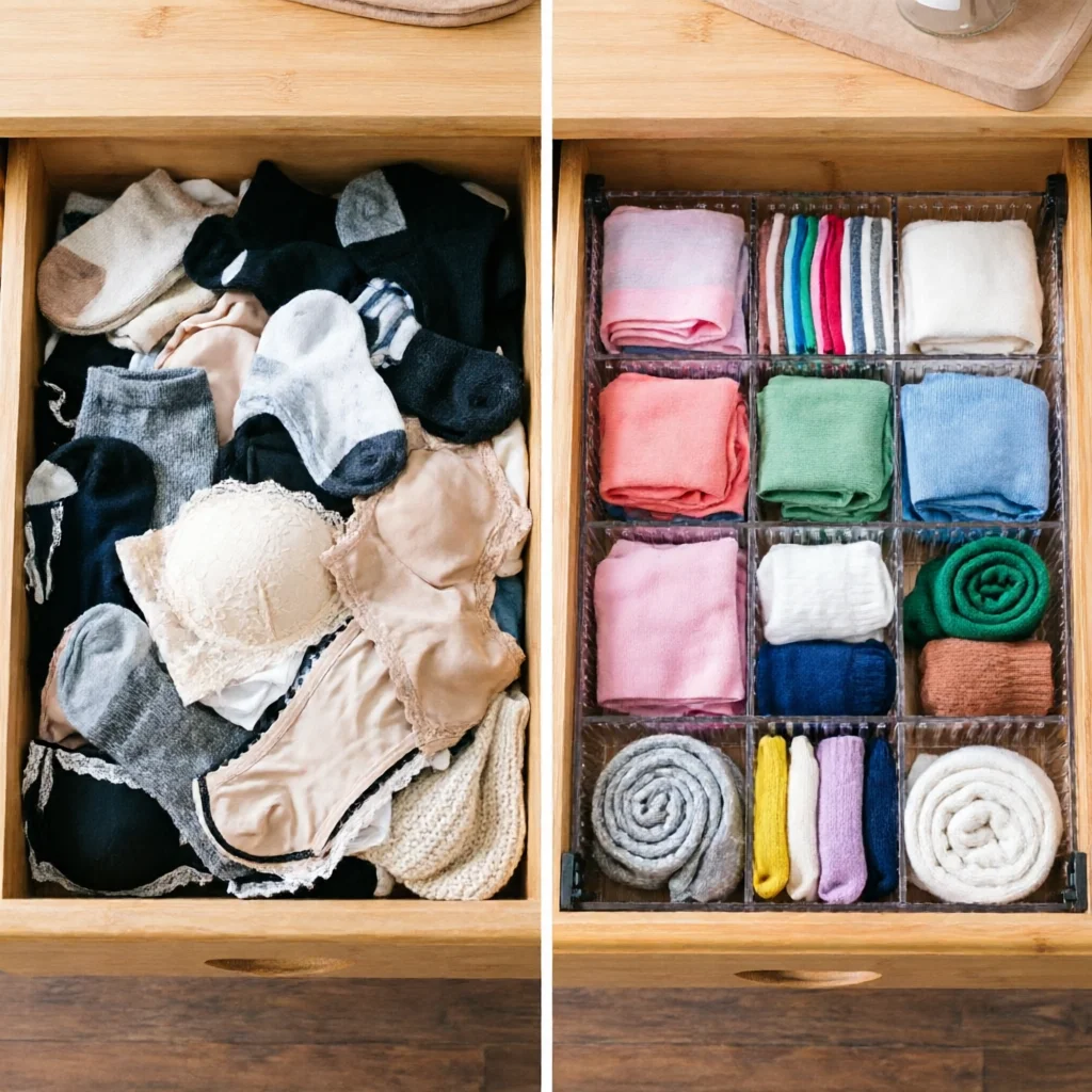 Drawer Dividers Organizer - Expandable Adjustable Partition System for Underwear, Socks, Clothes | Customizable Grid Layout |