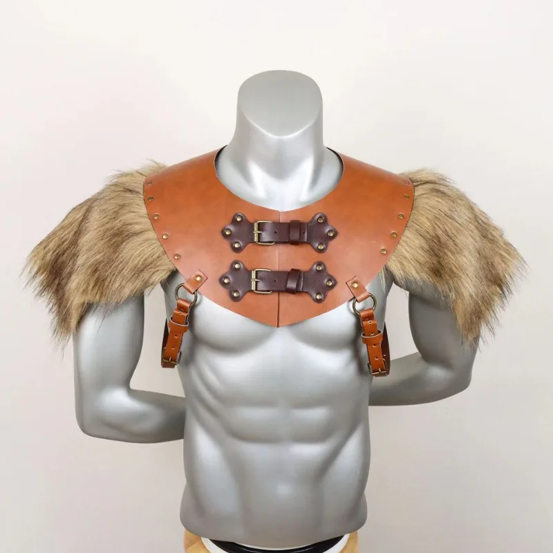 Męski Średniowieczny Płaszcz Królewski Wojownika Peleryna Szal Renesansowy Skóra PU Sztuczne Futro Szycie Zbroja Wojownika Akcesoria do Kostiumu na Halloween