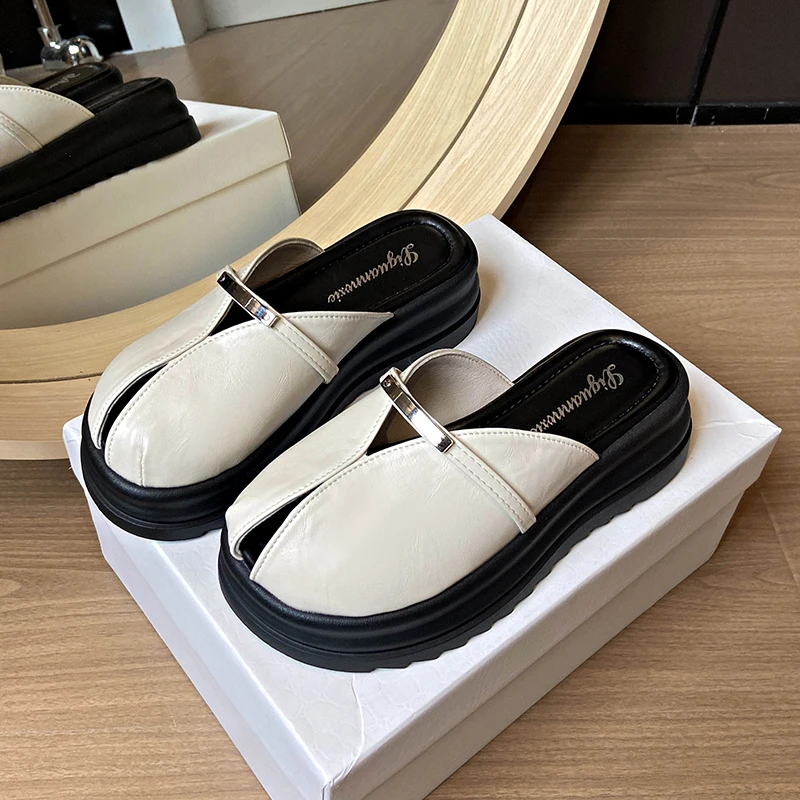 

Shoes for Women 2025 High Quality Summer New Outdoor Low-heel Baotou Modern Slippers Square Heel PU Solid Women's Slippers