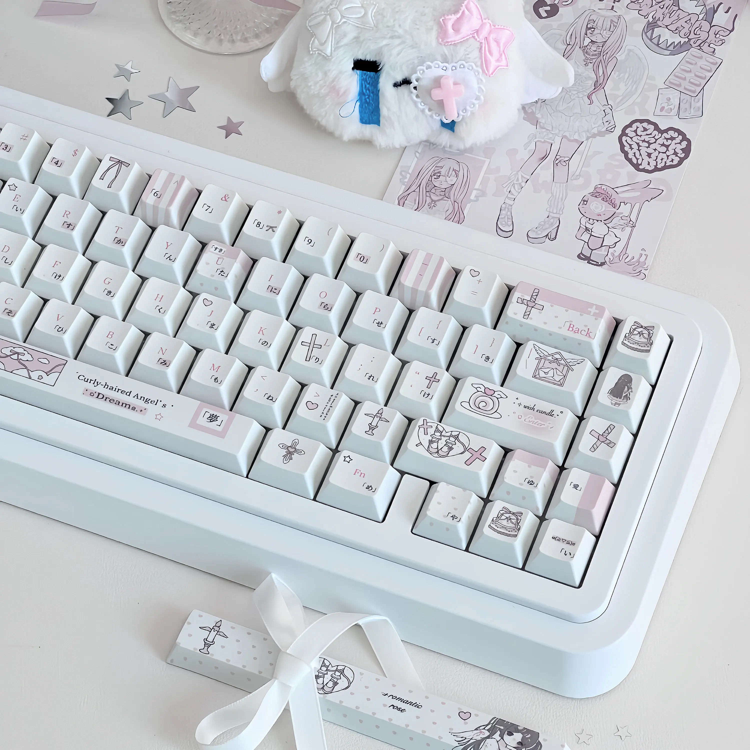 MAIMOOO Kawaii Curly Angel Keycaps Cherry Profile PBT Sublimation Pink White Keycap Cute Lolita Style Mechanical Keycap