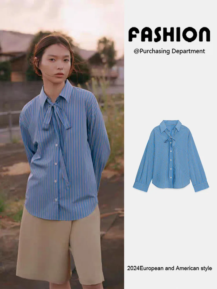 

Восстанавливаемая свободная полосатая одежда с декором в виде узла, Новое поступление, женская одежда, универсальная осень 2025, ZA2025