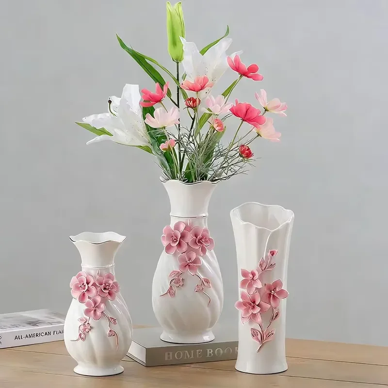 European Style Handmade Glazed Ceramic Vase Eco Friendly Floral Pattern Ornament for Living Room TV Cabinet Dining Table