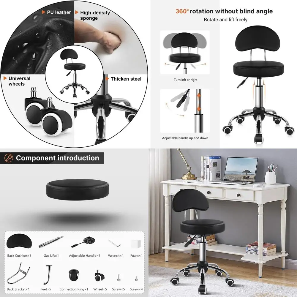 

Регулируемый по высоте поворотный стул на колесиках из искусственной кожи для офиса и дома (черный)