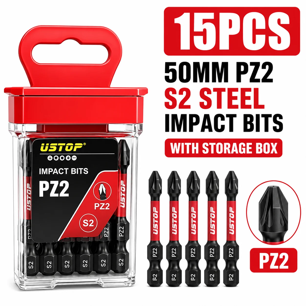 15PCS PZ2 50mm Impact Pozidriv Screwdriver Bits Set, S2 Steel Drill Bits with Storage Box for Electric Drill