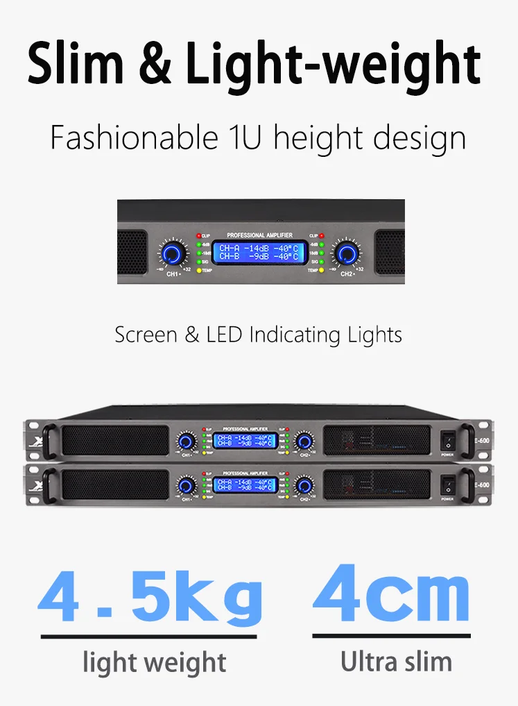 Class D 600W*2 audio LED lights with screen 1u amplifier audio power