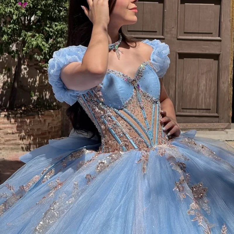 

Aqua Blue Quinceanera Dresses off-shoulder Crystal Decal Glitter Flower Long tail Bow Vestido De 15 Quinceanera Customize