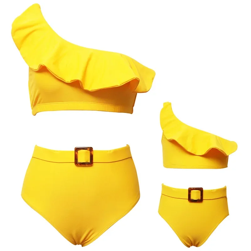 Solid Color Family Matching Swimwear Parent-child Swimsuit Slanted Shoulder Bikini Set for Mother and Daughter Summer Beach Wear