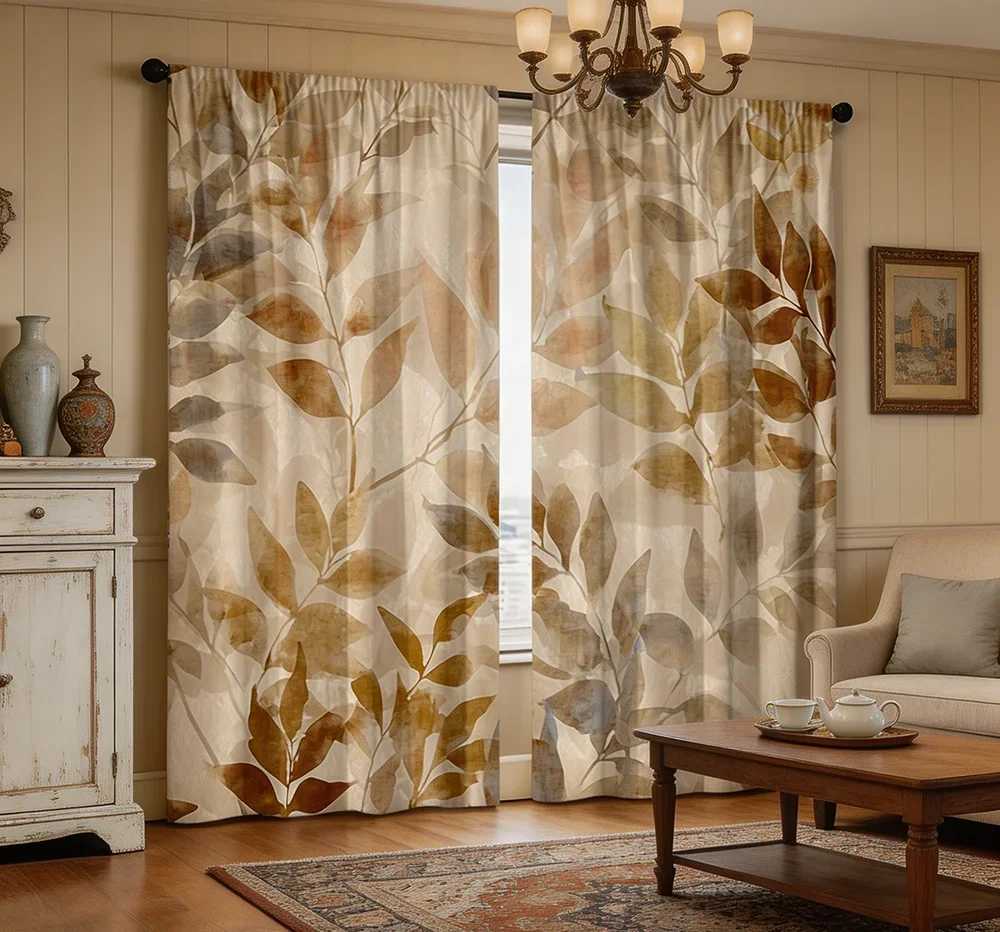 2PCS Digital Printed Curtains, Brown Branch Leaf Shadow Pattern, Natural Botanical Shadow Style for Living Room Home Decor