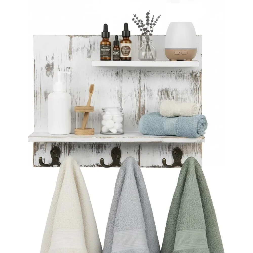 

Двухуровневые настенные полки для ванной из белого состаренного массива дерева с 6 крючками для полотенец