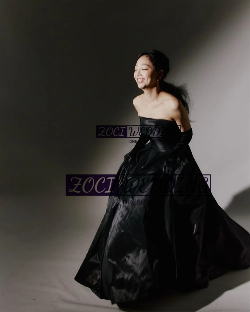 Zoci Elegant Black Korea Evening Dresses Strapless Satin Customized Wedding Photo Shoot Dress Floor Draped Bridal Party Dress