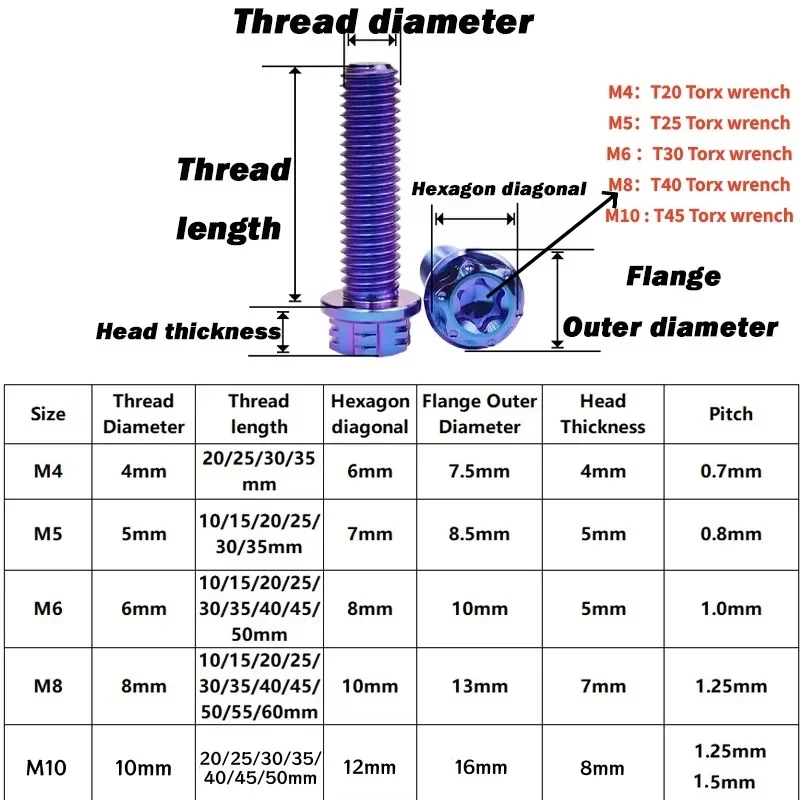 1pcs M4 M5 M6 M8 M10 TC4 Titanium Alloy Flange Bolt Torx Hex Flange Screw for Auto Motorcycle Bike Parts Length 10~60mm