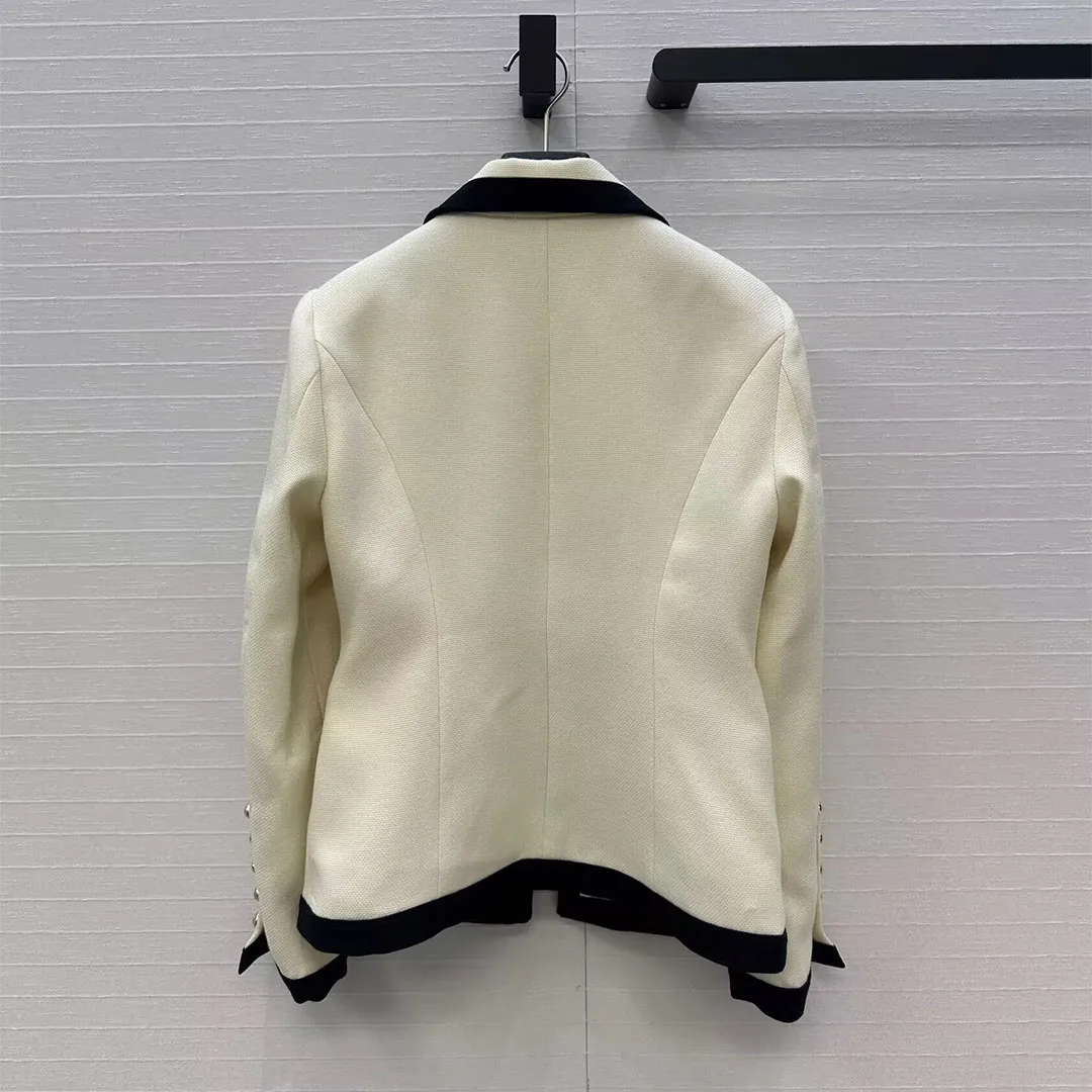 2025 New Autumn Fashion Meltal Double Breasted Blazer Jacket Women Preppy Style Stripe Line Notched Long Sleeve Slim Suit Coat