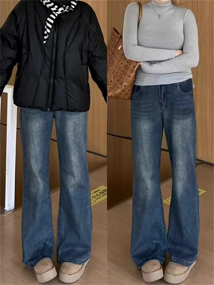

Расклешенные джинсовые джинсы в стиле ретро, женские осенние новые большие размеры, груша-мавпа, утягивающие бедра, не затягивающие брюки-колокольчик