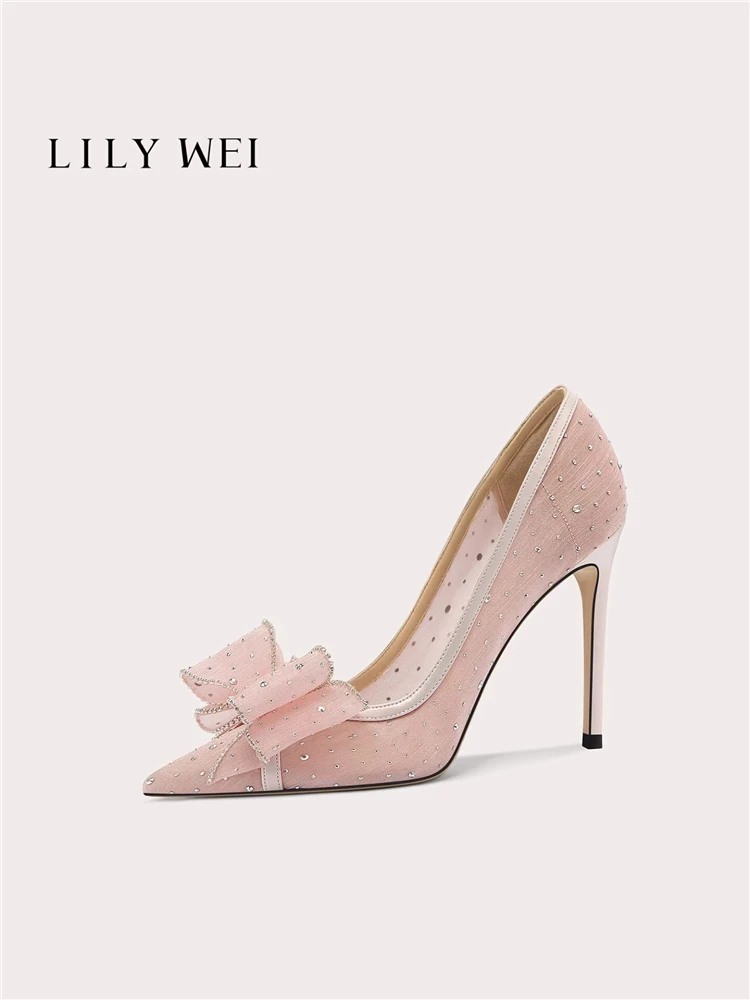 Thin high heels spring and summer new pointed shallow mesh rhinestone bow single shoes banquet large size small size women shoes
