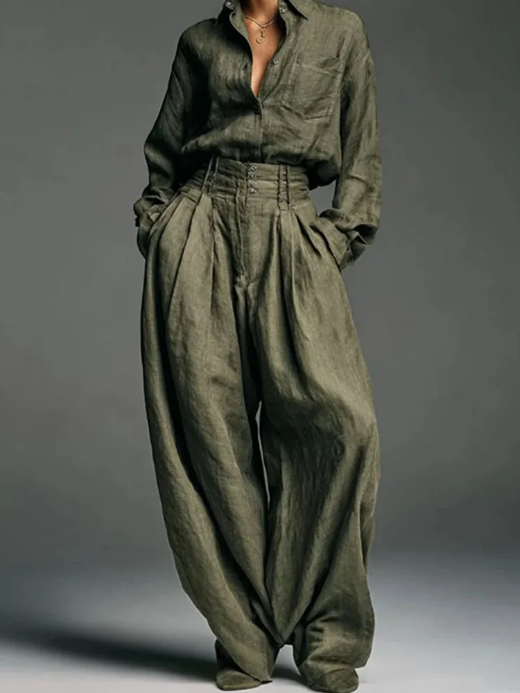 

Женский повседневный однотонный комплект с карманами и длинными рукавами, модные топы с лацканами и широкие брючные костюмы, винтажные осенние рубашки, наряды